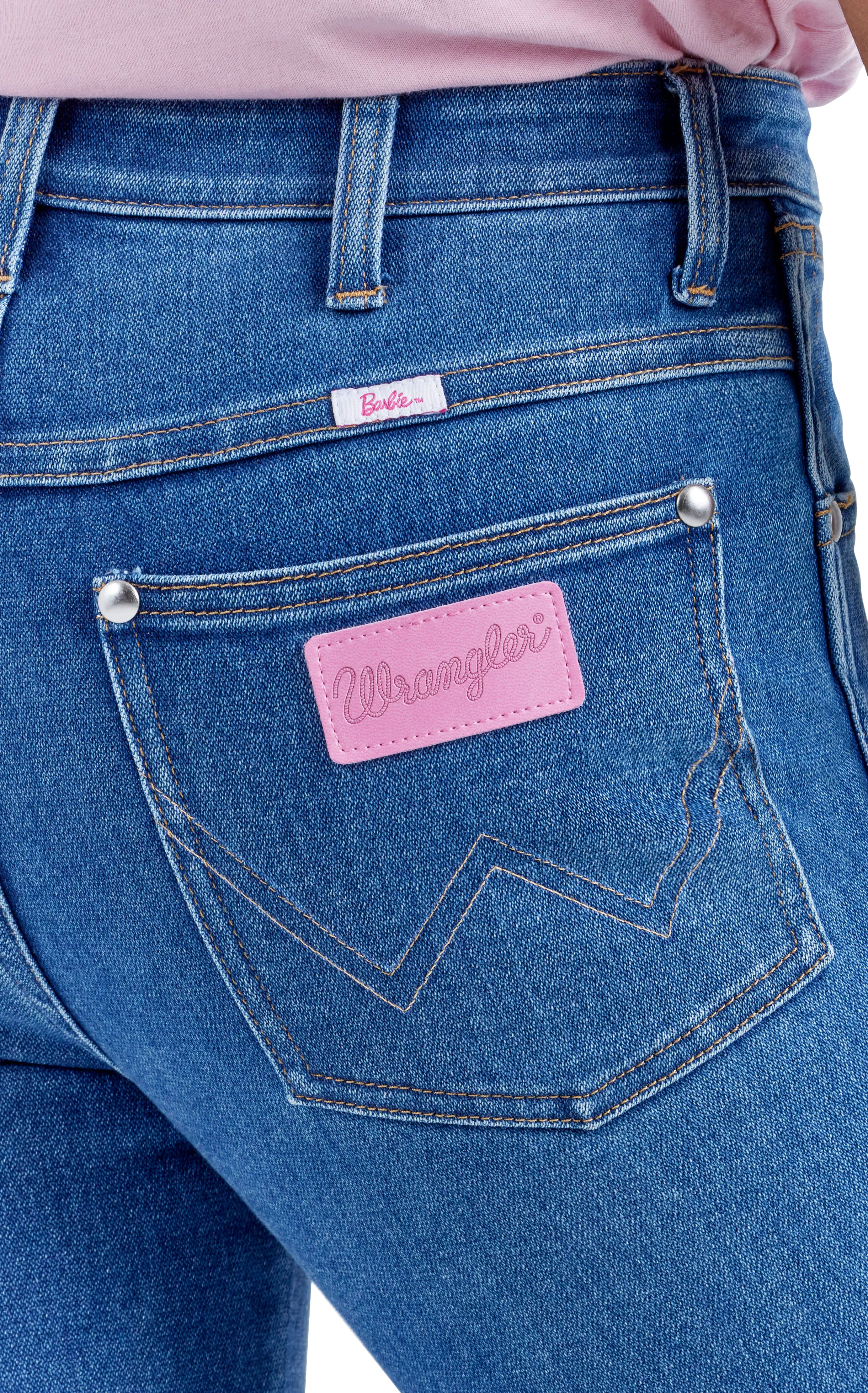 Wrangler x Barbie Women's Westward Wrangler Blue Pink Patch High Rise Boot Cut Jeans