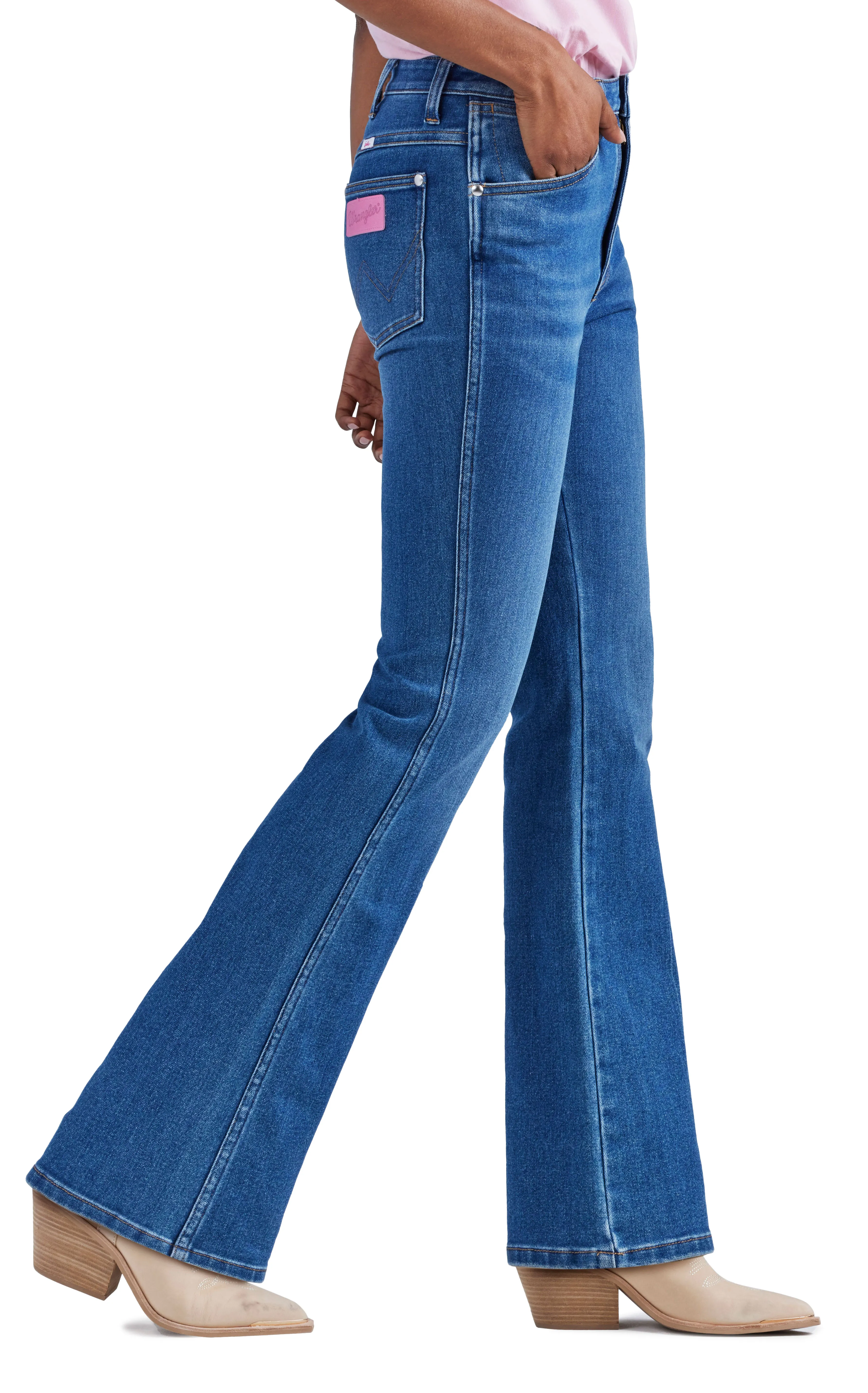 Wrangler x Barbie Women's Westward Wrangler Blue Pink Patch High Rise Boot Cut Jeans